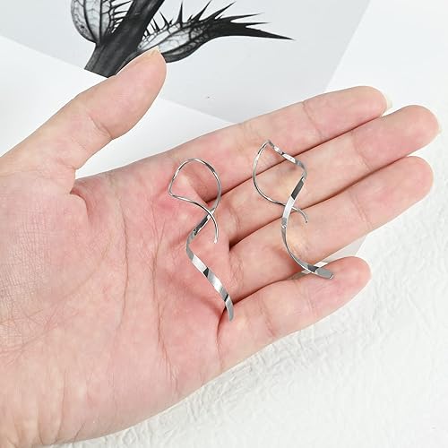Miniatura 13 de Handmade Spiral Threader Earrings Sterling Silver Hypoallergenic Twisted Pull Through Drop Dangle Earrings for Women - Silver & Gold