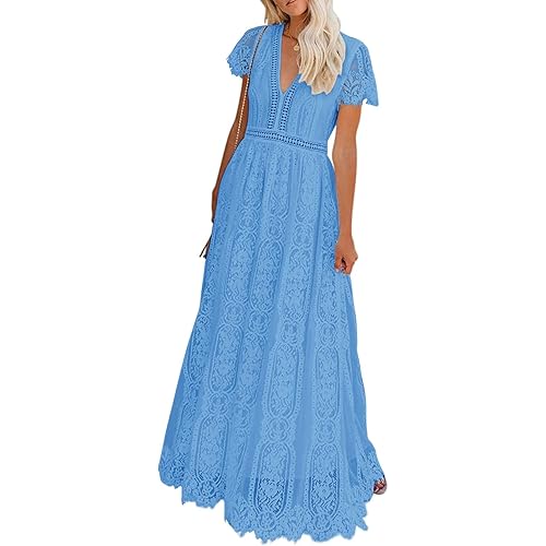 MEROKEETY Women's V Neck Short Sleeve Floral Lace Wedding Dress Bridesmaid Cocktail Party Maxi Dress