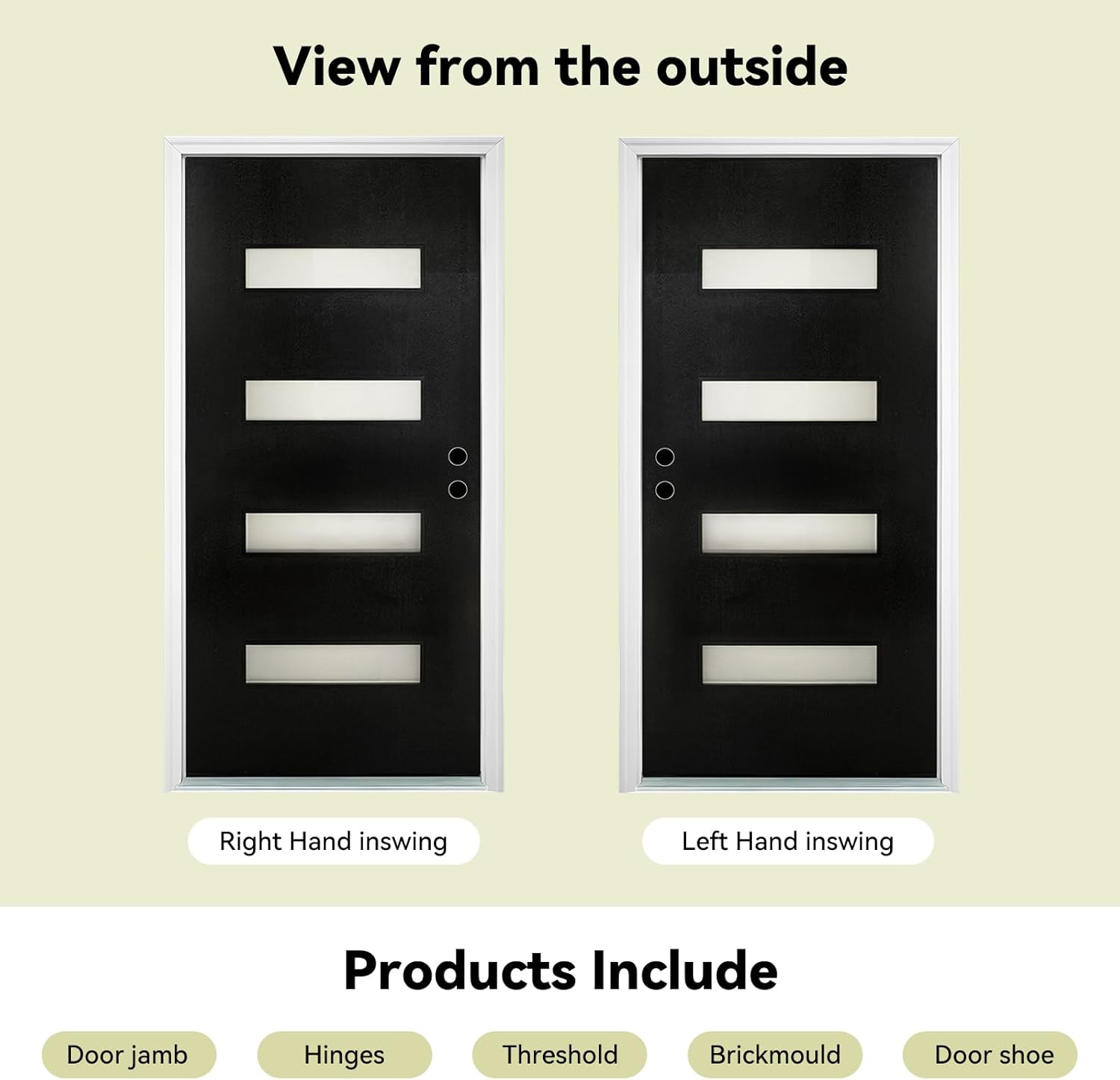 Fiberglass Exterior Door 36" x 80" with Frosted Glass and Brickmould, Right-Hand Inswing Front Door, Black Finish Knock-Down with White 4-9/16’’ Vinyl Frame for Residential Use