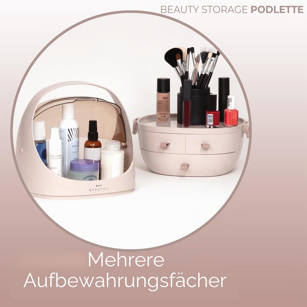 STYLPRO Beauty Storage Podlette, Kosmetik & Hautpflege Organizer mit 3 Schubladen, abnehmbarem Deckel, staubdichter Abdeckung & Reisegriff für Kommode, Schlafzimmer Rose 25x23x32cm