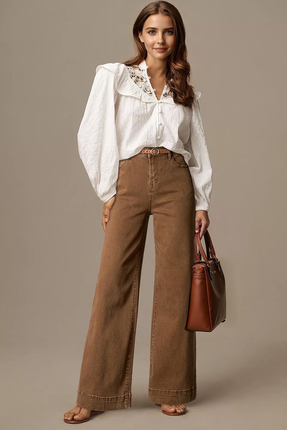 DOKOTOO Women's Casual High Waisted Jeans Stretch Button Wide Leg Loose Denim Pants with Pockets - Image 2