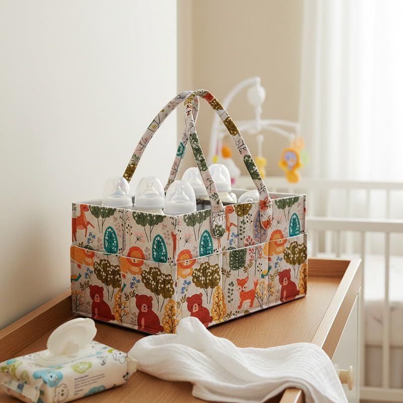 MetDeals Printed Felt Baby Diaper Caddy Bag with Strong Handle with Removable Divider | Baby Essentials Organizer for Diapers,Wipes,Toy,Clothes(Multicolor- 15X10X8 Inch)-image-2