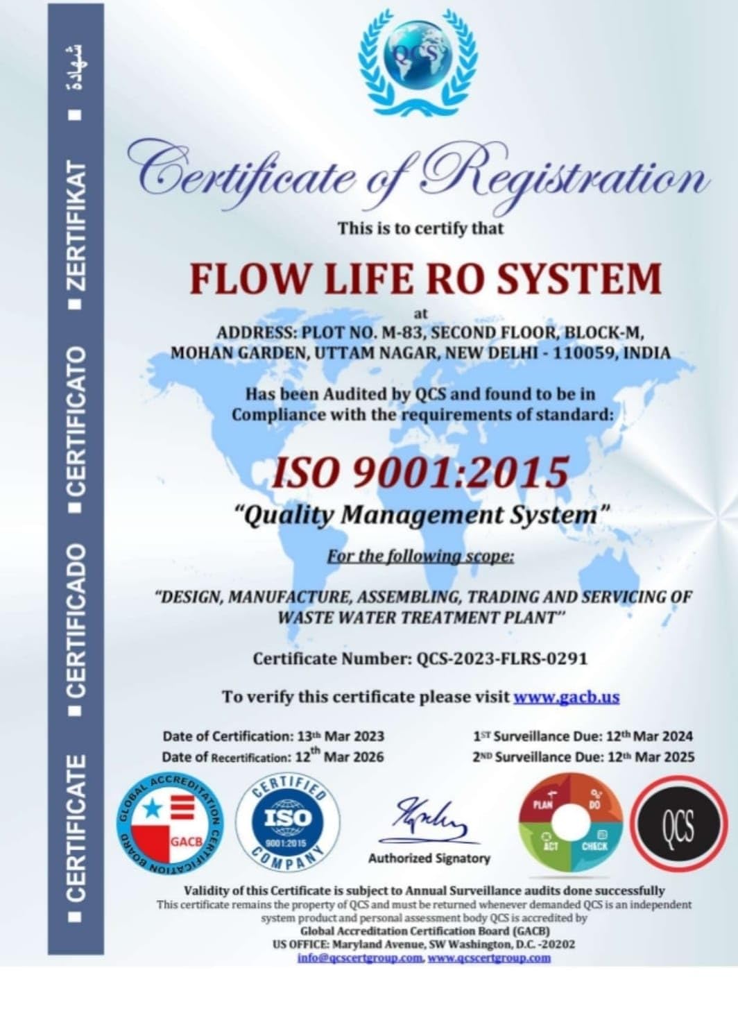 ISO 9001:2015 Quality Management System Certificate for FlowLife RO System