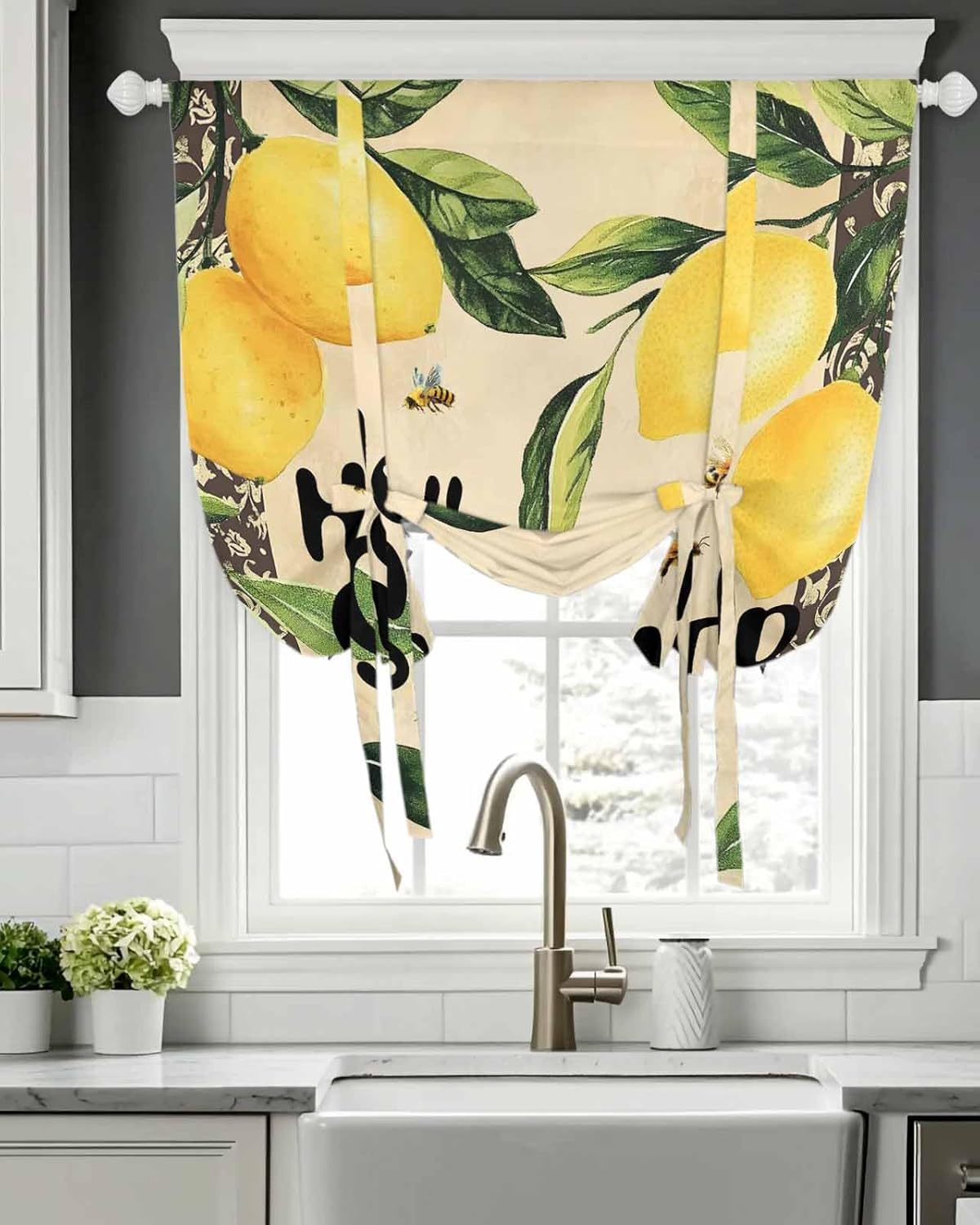 Tie Up Curtains for Windows Hello Summer Lemon Bee Rod Pocket Tie-Up Window Shade Adjustable Balloon Curtain Valance Vintage Fruit Floral for Bedroom Kitchen Bathroom Blinds, 46x63in
