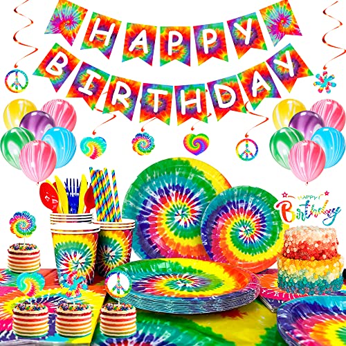 175pcs Tie Dye Birthday Party Supplies 16 Guests Tie Dye Party Tableware Decorations Set Tie Dye Paper Plates Cups Tablecloth Napkins Banner Marble Balloons etc Tie Dye Party Decorations