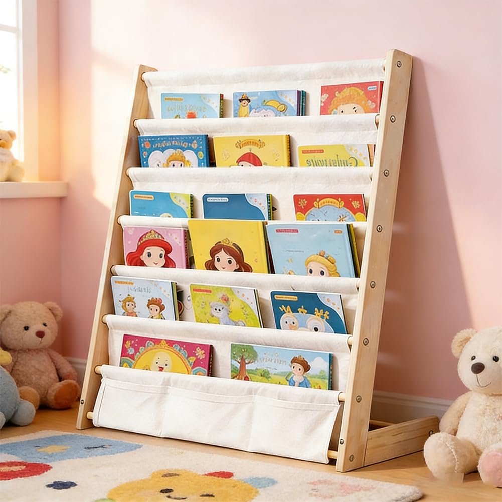 Kinder-Bücherregal 6 Ebenen, Montessori Kinderregal mit Tasche, Kinderregal für Buchaufbewahrung mit Kippsicherung, Bücherregal für Kinder, Wandregal Kinderzimmer für Kinderzimmer und Spielzimmer