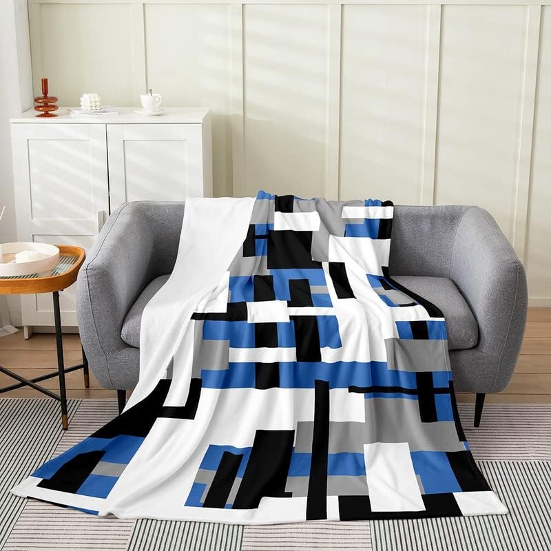 Geometric Bed Blanket,Geometry Flannel Fleece Throw Blanket Stripe Line Blue Grey White Fuzzy Blanket for Boys Girls,Microfiber Modern Art Plush Blanket Room Decor Queen 90"x90" Multi 04 Que