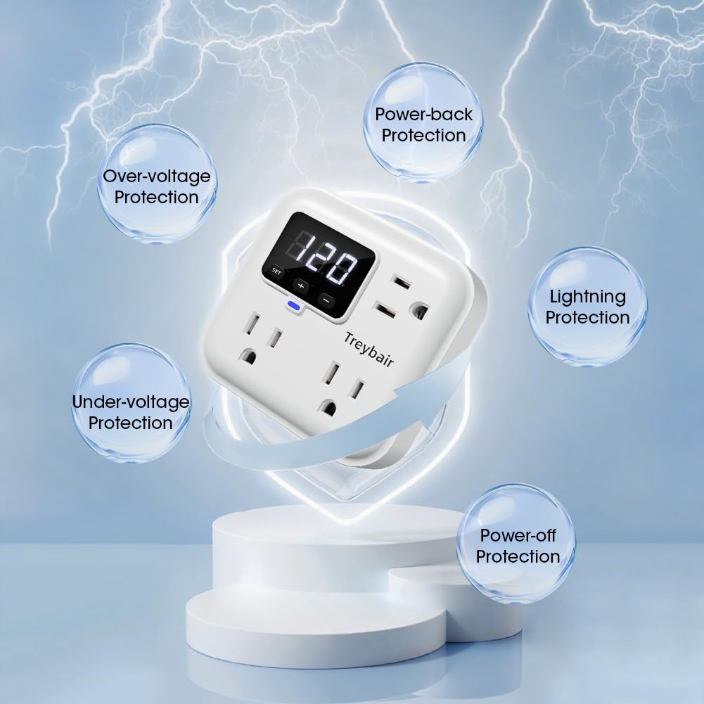 Protector de sobretensiones de 3 salidas con estabilizador de voltaje, protectores de sobretensiones de alimentación de 80 V-140 V para refrigerador, TV, computadora | visualización LED, ignífuga