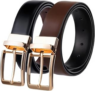 Men's Reversible Leather Belt, Gold Buckle Black Dress Belts for Men Fit Waist 28"-42"