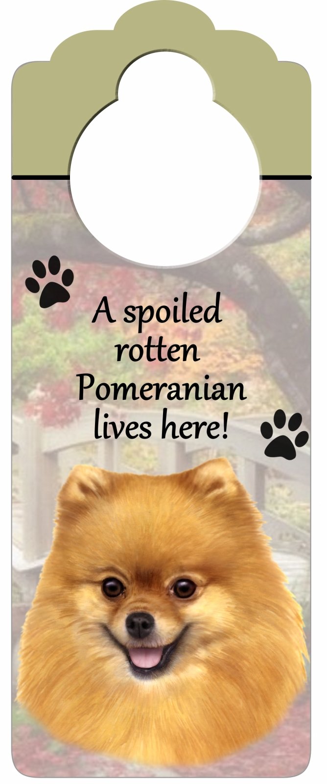 Pomeranian Wood Sign "A Spoiled Rotten Pomeranian Lives Here"with Artistic Photograph Measuring 10 by 4 Inches Can Be Hung On Doorknobs Or Anywhere In Home