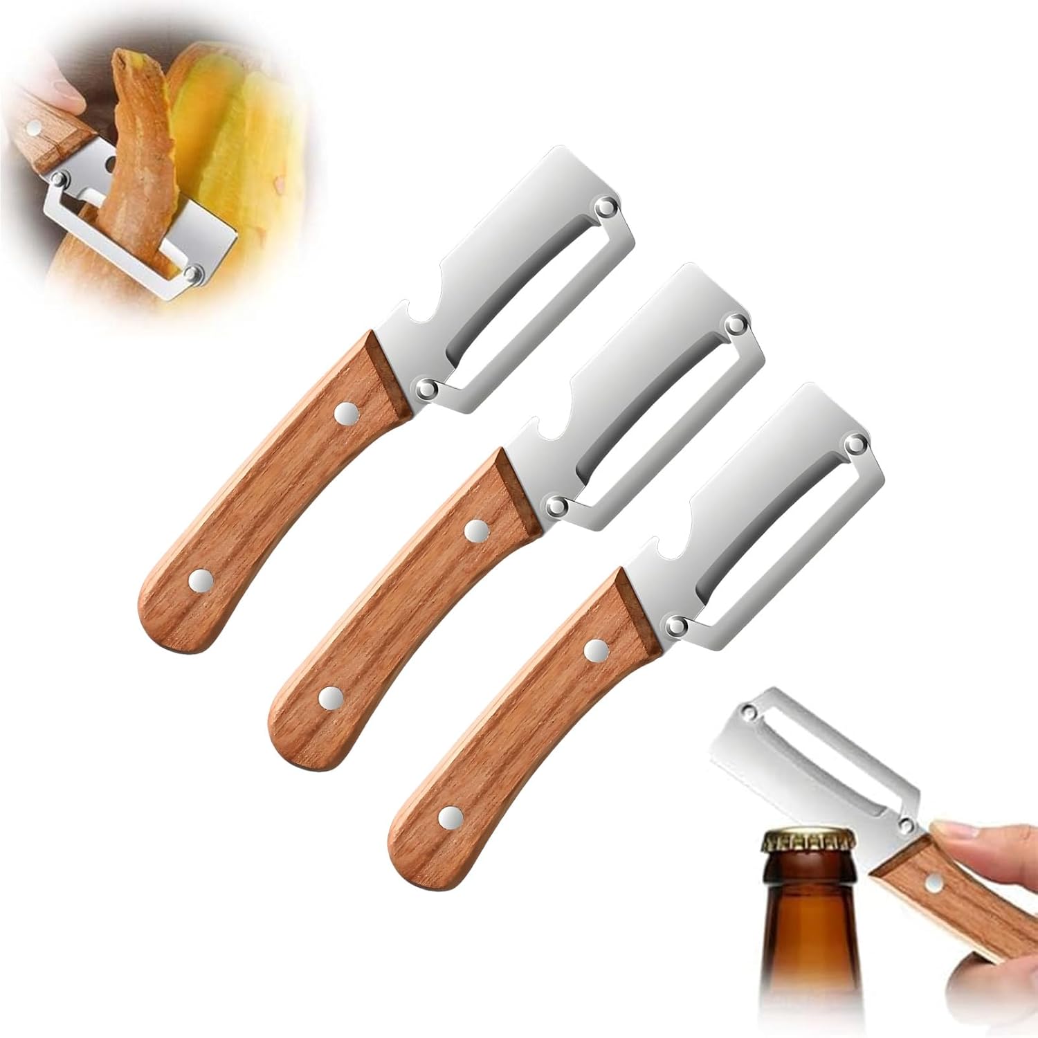 Multi Functional Vegetable Peeler, Stainless Steel Blade with Wooden Handle & Bottle Opener, Kitchen Essential, Suitable for Fruits & Vegetables That Need to Be Peeled (3 Pcs)