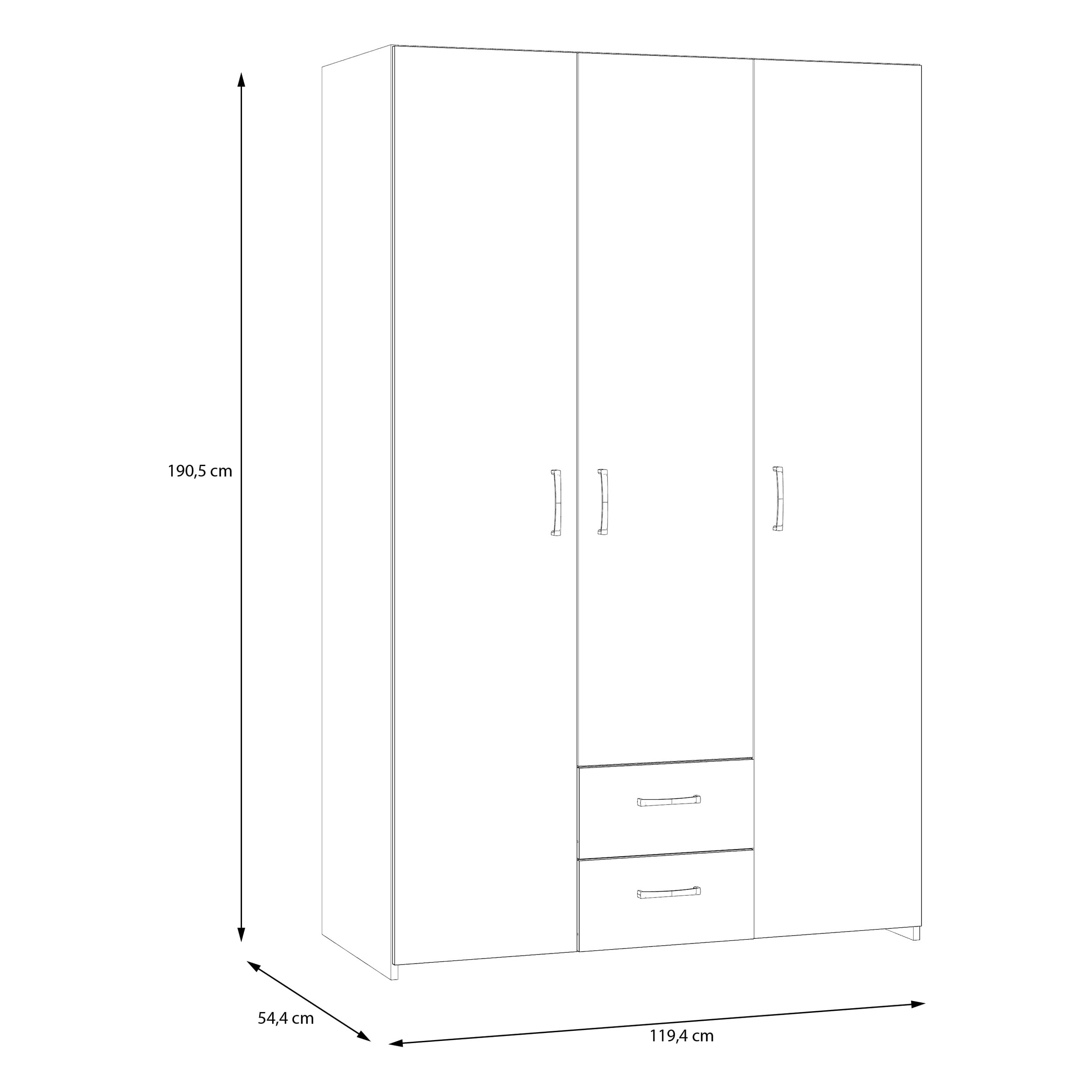 Forte ECONOBOX Kleiderschrank 120, 3-türiger Drehtürenschrank mit 2 Schubladen, Holzwerkstoff, Weiß, 119,4 cm breit, 190,5 cm hoch, 54,4 cm tief