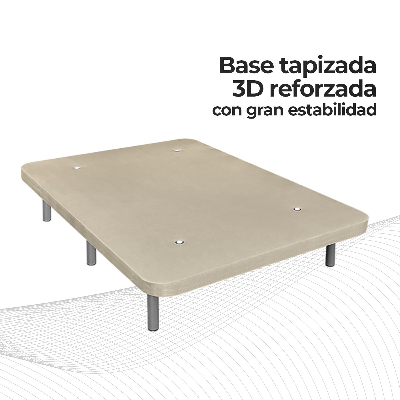Somnia Descanso - Base Tapizada 3D Extra Resistente con Gran Estabilidad y 5 Barras Transversales + 6 Patas metálicas roscadas de 25cm, 90 x 190, Beige