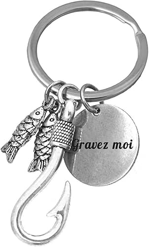Porte-clés Pêcheur Hameçon Poissons Gravure Personnalisée Sur Médaille Bijou Homme