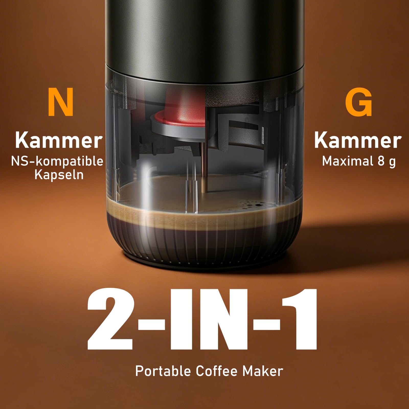 Akku Kaffeemaschine 2 in 1 für NS Kapseln & Gemahlenem Kaffee, 19 Bar High Pressure Extraction, Fast Self-Heating, Camping Kaffeemaschine, fürAuto, Camping, Reisen & Büro.