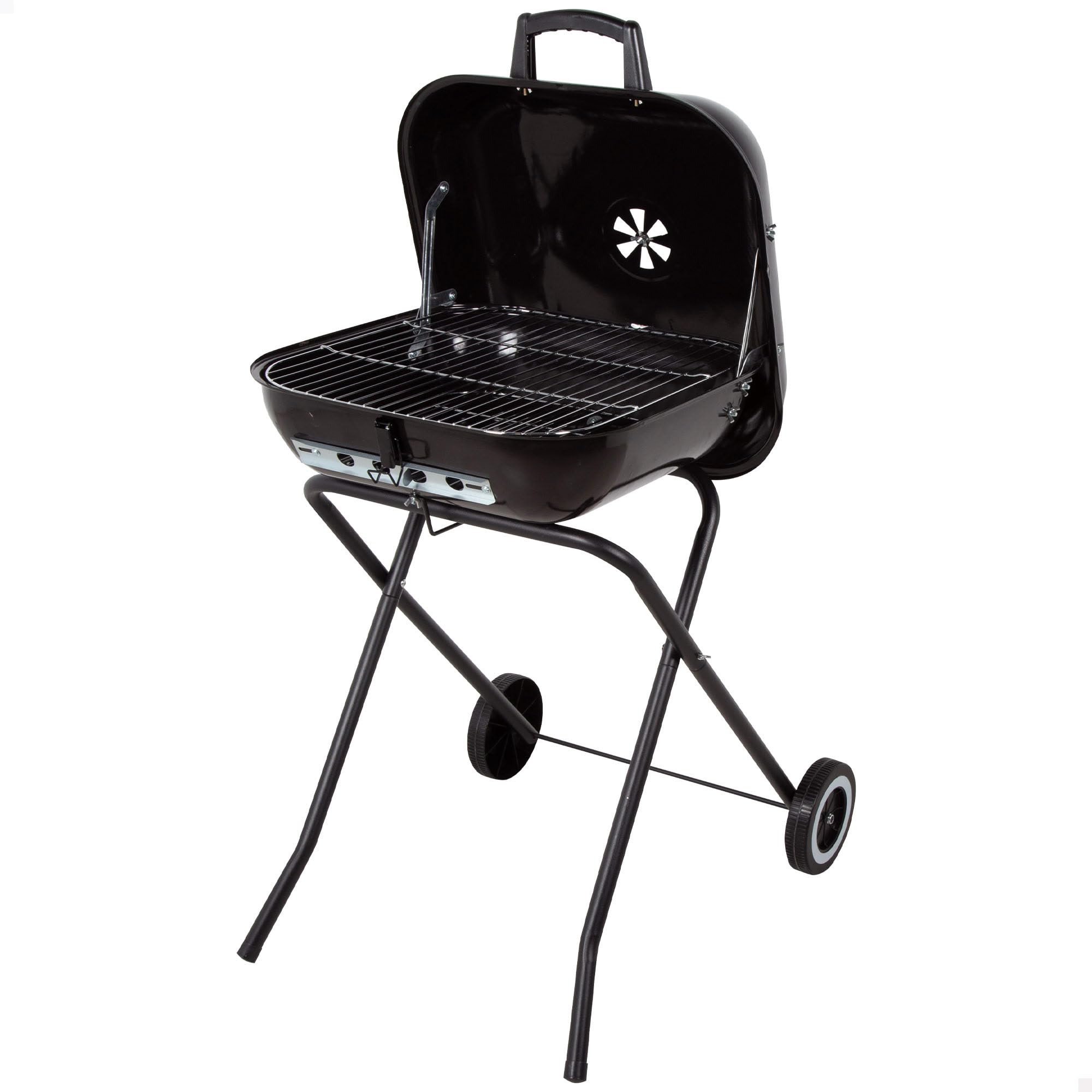 AKTIVE Barbacoa portátil con ruedas, Color negro, Mide 49x74x79 cm, Acero resistente, Patas plegables, Tapa con ventilación, Mini parrilla carbón extraíble (63178)