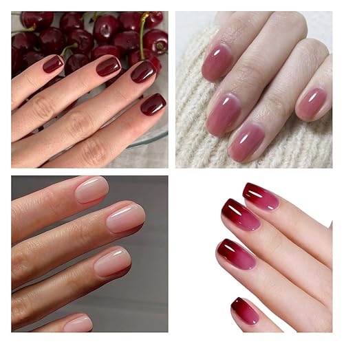 Miniatura 2 de AILLSA Juego de esmaltes de uñas de gel de gelatina color rosa nude con base y capa superior, color burdeos, rojo vino y malva, kit de iniciación de