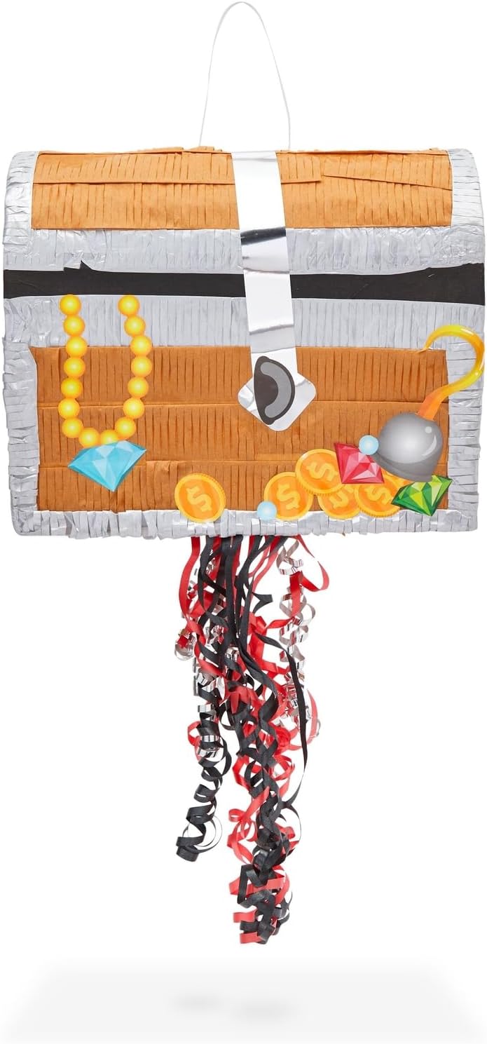 BLUE PANDA Pull String Treasure Chest Pinata - 12 x 10 x 6.5 In, Blue - Pirate Treasure Chest Birthday Pinata & Pirate Party Decoration