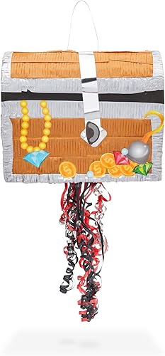 Miniatura 7 de BLUE PANDA Piñata de cofre del tesoro, piñata pirata de cuerda de tirar, bajo el mar, decoraciones de fiesta temática de aventura (tamaño pequeño,