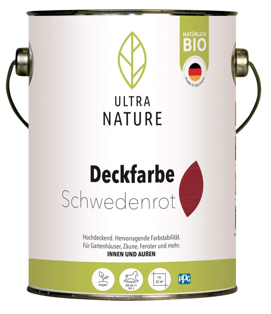 Deckfarbe für Innen und Außen, 2,5L, Schwedenrot, Vegan, Bio, Lösemittelfrei, UV-Schutz, Wetterschutz