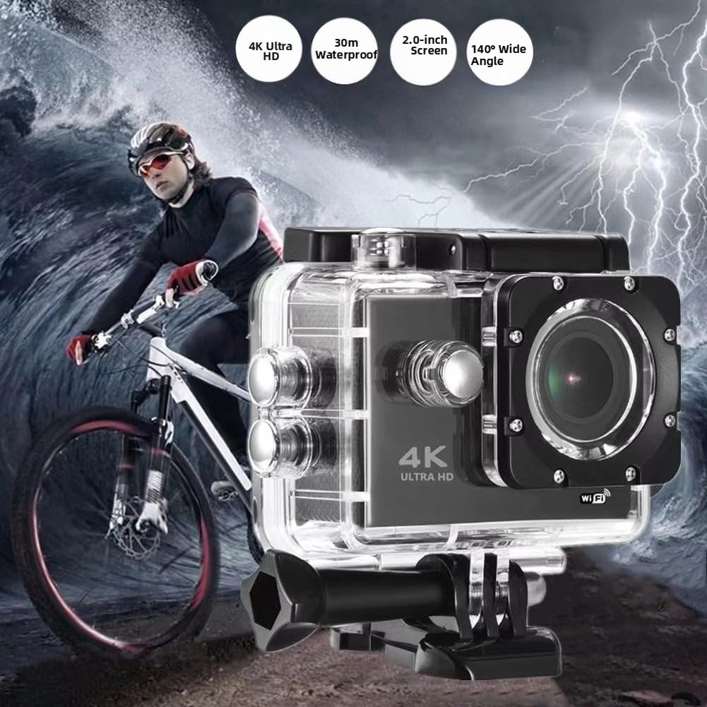 Action Camera Ultra HD 4K, stabilizzazione dell'immagine avanzata, alloggiamento impermeabile fino a 30 metri per montaggio su casco da ciclismo (nero)