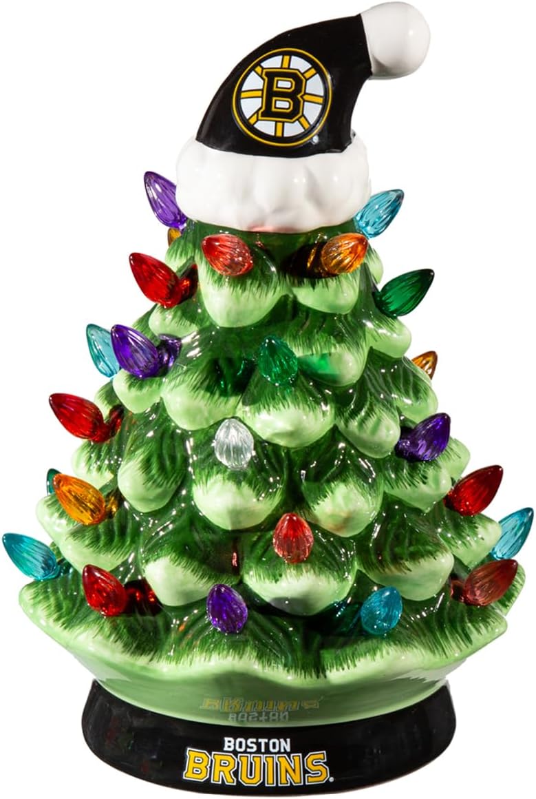 Team Sports America NHL Boston Bruins Ceramic Christmas Trees That Light Up | 8" LED Vintage Christmas Tree | Officially Licensed Team Logo | Christmas Tabletop Decorations for Home