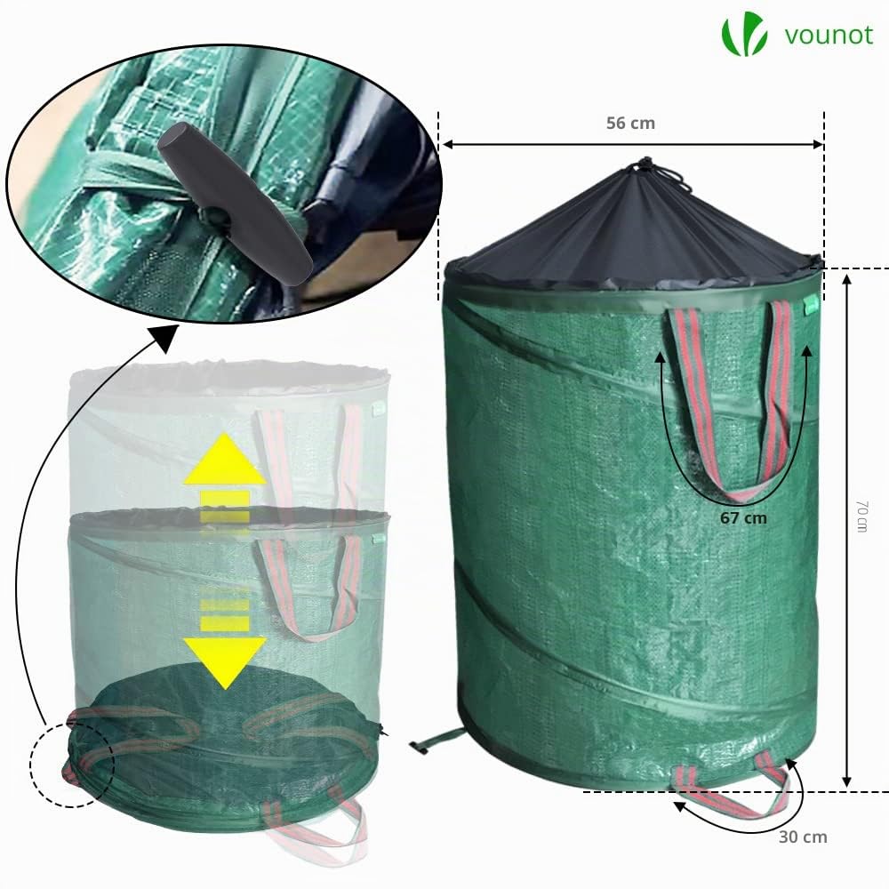 VOUNOT Pop Up Gartensack mit Griffen und Kordelzugverschluss 3er Set 170 L, Faltbarer Laubsack Selbstaufstellend Gartenabfallsack, Grün