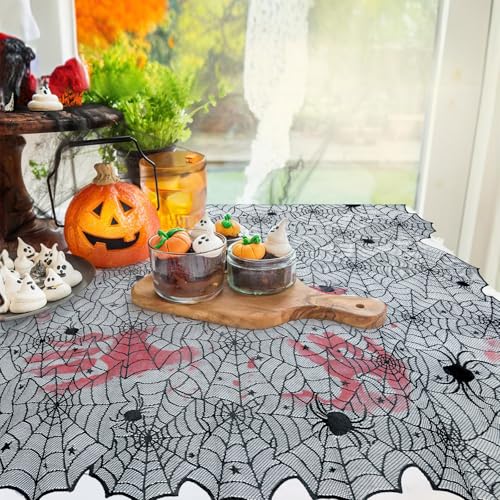 Image of 54 x 72 Inch Spider Web Lace Tablecloth, Black Cobweb Design Table Cover, Spooky Gothic Table Cloth Decoration for Halloween Dinner Haunted House Themed Party Supplies