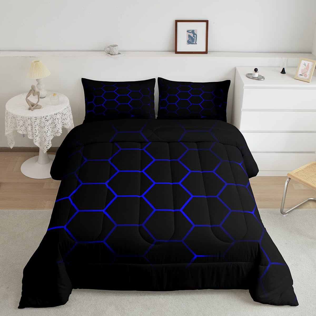Feelyou Boys Cartoon Honeycomb Comforter Set Geometry Hexagon Bedding Set for Kids Teens Girls Colorful Grid Art Neon Decor Comforter Blue Black Quilt Collection 3Pcs King Size Boys Multi 3