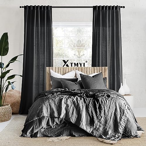Image of XTMYI Back Tab /Hook Belt Linen Cotton Sheer Curtains for Bedroom,2 Panels,102 Inch Length,Black 50 Inch Wide