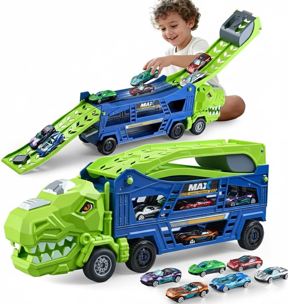 Dinosaur Truck Toys for Kids 3-5 - Transporter Carrier Truck with 6 Die-Cast Cars Toys, 3 in 1 Truck with 2 Foldable Race Tracks, Christmas Birthday Gifts Toys for 3 4 5 6 Years Old Boys(Jungle Blue)