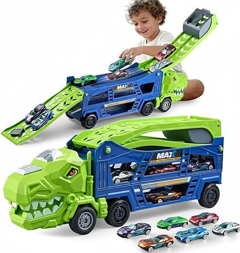 Camión de dinosaurio de juguete para niños de 3 a 5 años – Camión transportador con 6 autos fundidos a presión, camión 3 en 1 con 2 pistas de