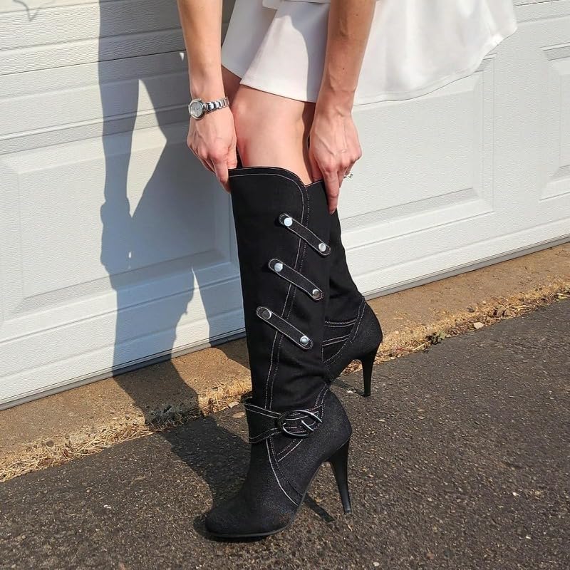 Knee High Boots for Women Classic Denim Stiletto Tall Pointed Toe Heeled Boot Sexy Slip on Tall Boots Party Shoes