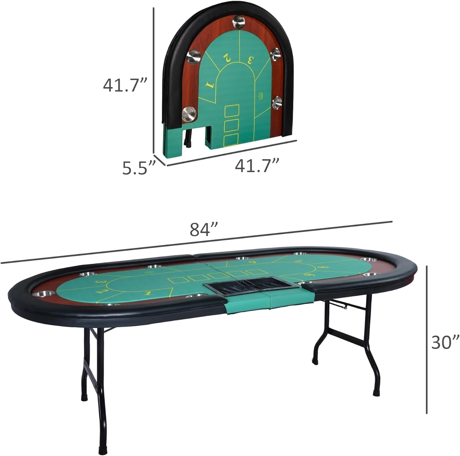 Upgrade 84" Folding Poker Table, 10 Players Oval Card Table with Stainless Steel Cup Holders and Padded Rails, Casino Leisure Felt Surface Texas Hold 'em Poker Table, Green