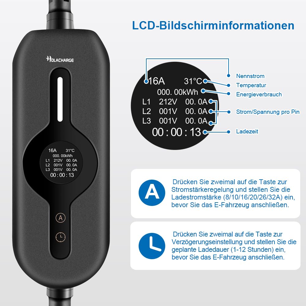 22 kW typ 2 przenośny kabel do ładowania do samochodu elektrycznego 5 m czarny ładowarka EV ze sterowanym wyświetlaczem cyfrowym i 3-fazową wtyczką przemysłową CEE do IEC 62196-2 i PHEV/EV