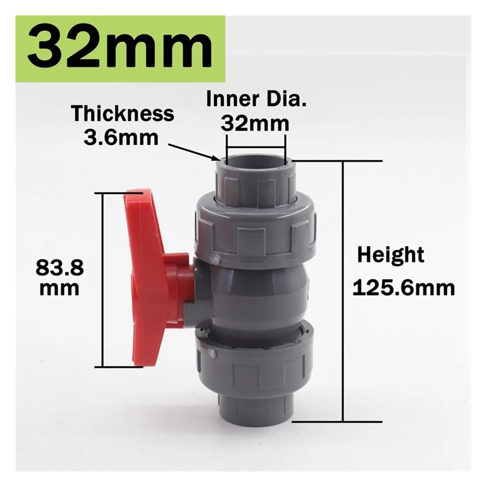 Zawór kulowy PVC z gwintowanym zamknięciem, Rura PCV Kula Biała/Szara 20-110mm 1,2,5 szt. Nawadnianie ogrodu Akwarium Złącze rurowe(Inner Dia 32mm,2pcs)
