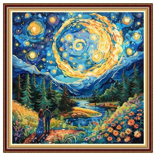 Stamped Cross Stitch Kits for Adults 11CT Printed Cross-Stitch Patterns Embroidery Kits Easy Cross Stitching Needlepoint Kits&Van Gogh Couple Under the Starry Sky 18x18 inchs