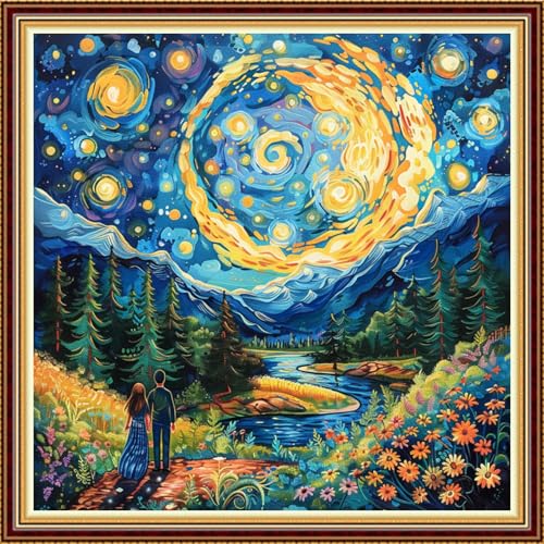 Image of Fanxvivy Stamped Counted Cross Stitch Kits for Adults Printed Cross-Stitch Patterns 11CT Stamped or Counted Cross Stitching Embroidery Kit Needlepoint Kits-Van Gogh Couple Under Starry Sky 18x18 inch