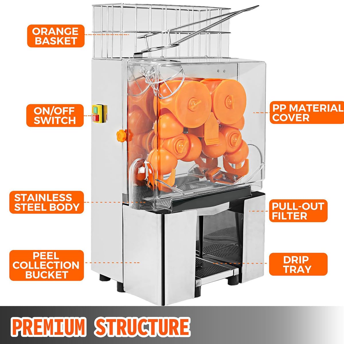 Exprimidor eléctrico de cítricos, exprimidor de Zumo de Naranja con 2 Cajas de desechos, extractores automáticos de Acero Inoxidable Cepillado, máquina para Hacer Zumo Fresco para Naranja