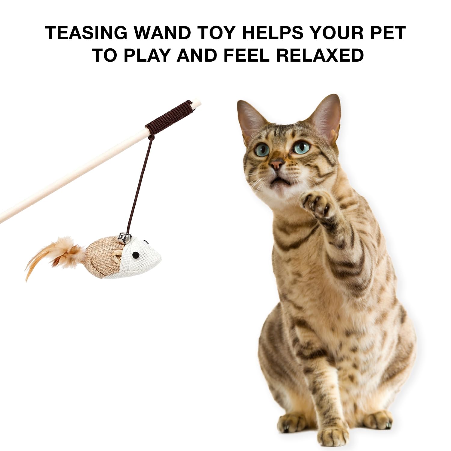 Petbabas Cat and Dog Playing Stick |Durable Dog and cat Teaser Playing Stick with Interactive Feather| Non- Slip and Non Toxic Durable Teasing Wand Toy with Rope (Multi) 4