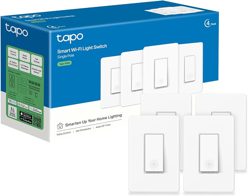 Tapo Smart Light Switch, Single Pole, Need Neutral Wire, S500(4-Pack) | 2.4GHz Wi-Fi Light Switch Compatible with Alexa and Google Home, UL Certified, No Hub Required, White