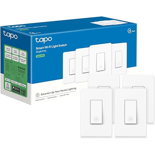 TP-Link Tapo Smart Light Switch, Single Pole, Neutral Wire Required, 2.4GHz Wi-Fi Light Switch Compatible with Alexa and Google Home, UL Certified, No Hub Required, White, Tapo S500(4-Pack)