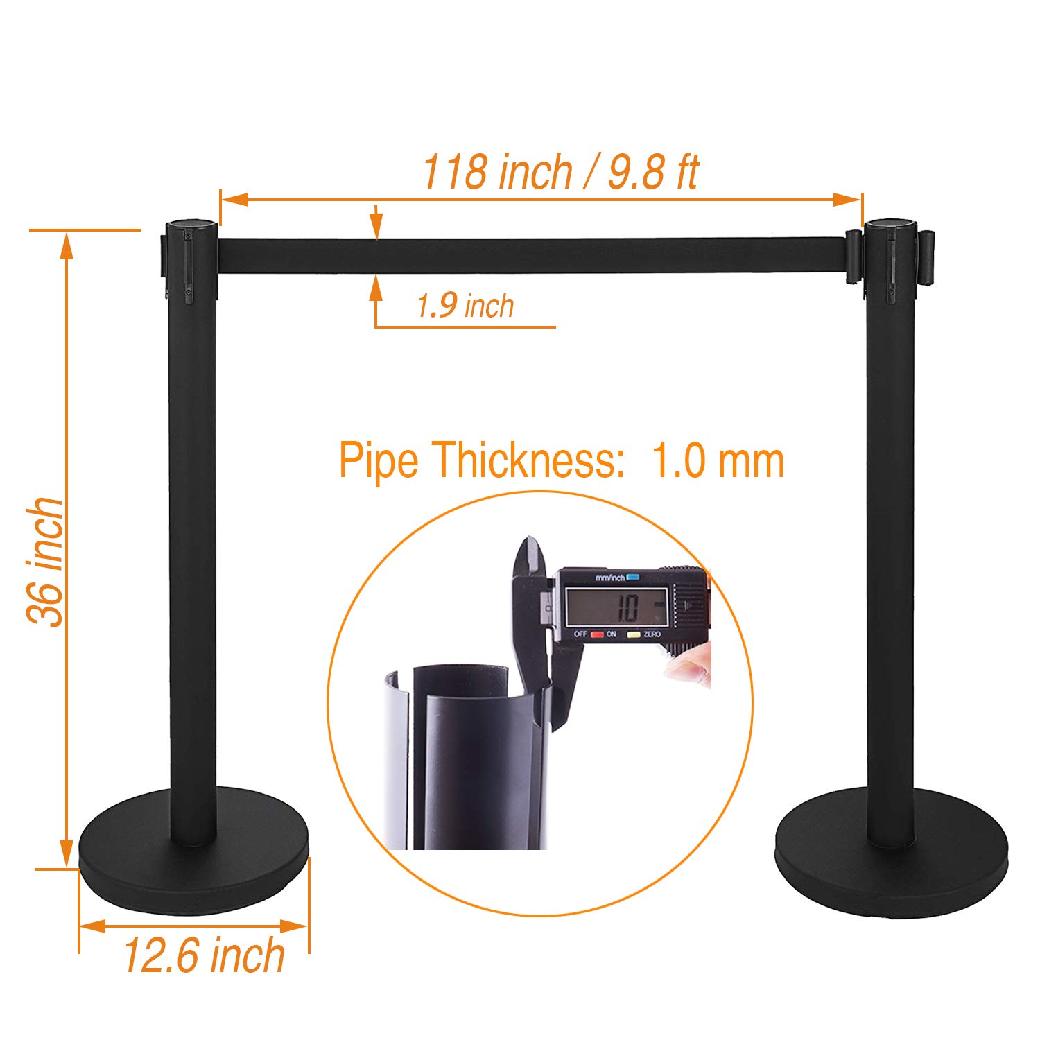 2 PCS Heavy Duty Steel Black Stanchion Post/Pole/Rope with 9.8 ft Retractable Black Belt | Safety Locking Belt| 4-Way Connect | Crowd Control Barrier