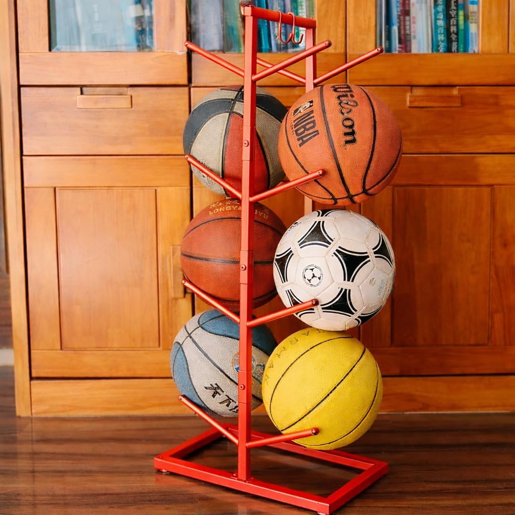56167 Space saving Basketball Holder for Boys Room Decor - 34.5 Tall Double Side Metal Ball Rack Display Stand for Basketball Football Volleyball Storage,Ball Holder Sports Decor - Red