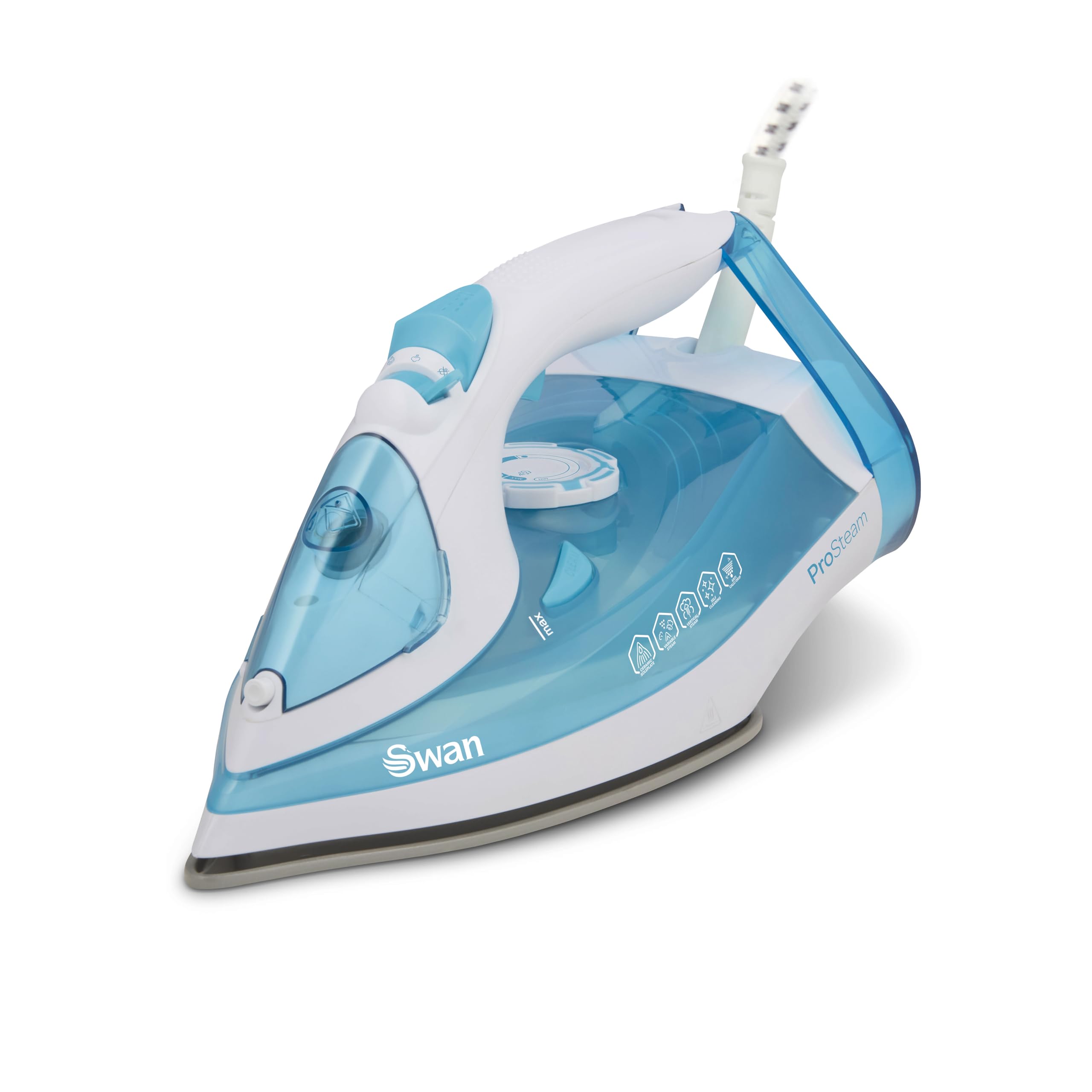 Swan SI12054AQ Steam Iron with Ceramic Soleplate, Pro Steam Technology, Anti-Calc, Anti-Drip, Adjustable Temperature Dial, 2600W, White and Aqua