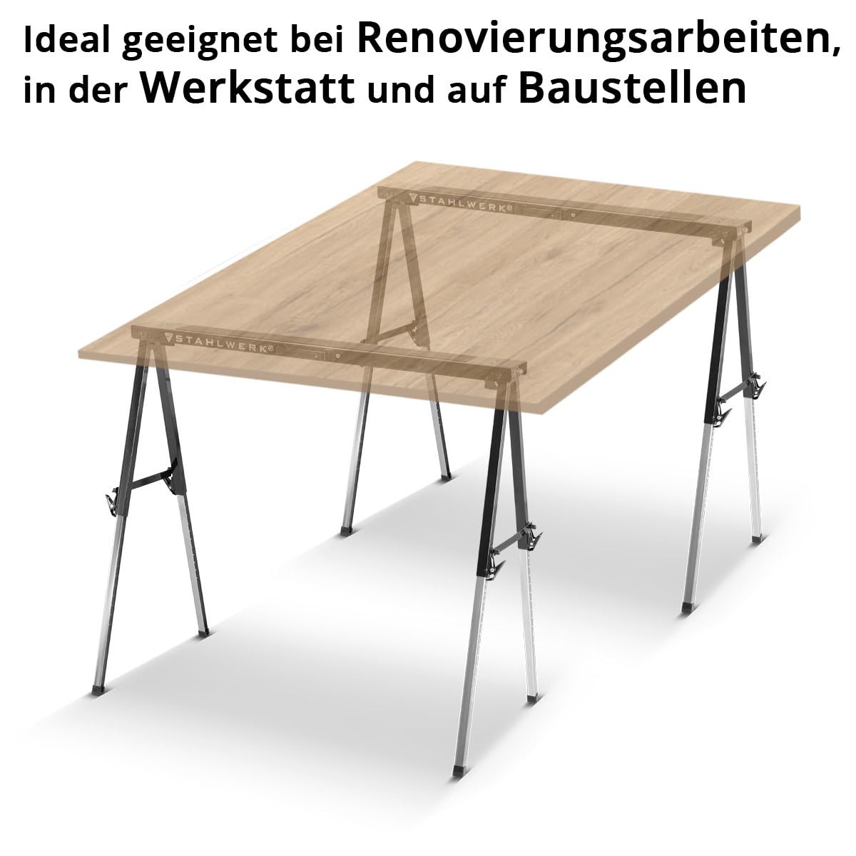 Caballete STAHLWERK SB-910 ST en un juego de 2 caballetes de metal con recubrimiento de polvo, altura ajustable de 645-910 mm, capacidad de carga de 150 kg y superficie antideslizante