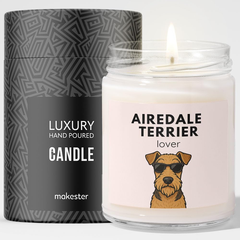 Airedale Terrier Gifts - Luxury Soy Wax Candle - Vanilla, Jasmine, Sugared Almond - Dogs in Shades - Makester