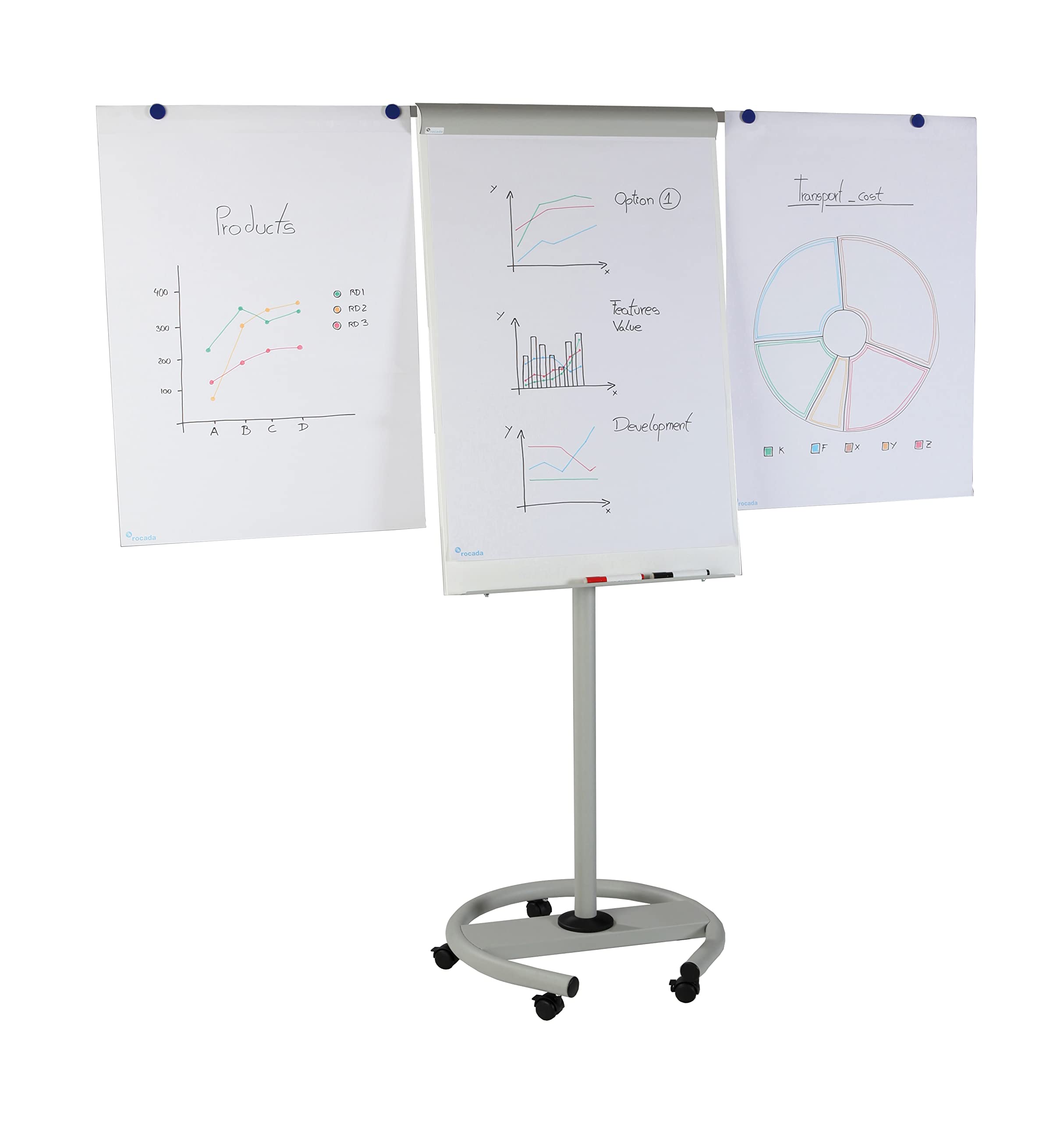 Rocada | Pizarra Blanca Magnética Portátil | Rotafolios con Ruedas | Borrado en Seco con Caballete ! Fijaciones para Bloc de Notas Dina4 | 68x95cm