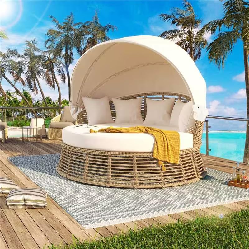 incomplete) Outdoor Patio Rattan Round Daybed with Retractable Canopy, Wicker Sectional Seating Sunbed with Removable Cushions for Patio Backyard Porch (Beige-@Day Bed)