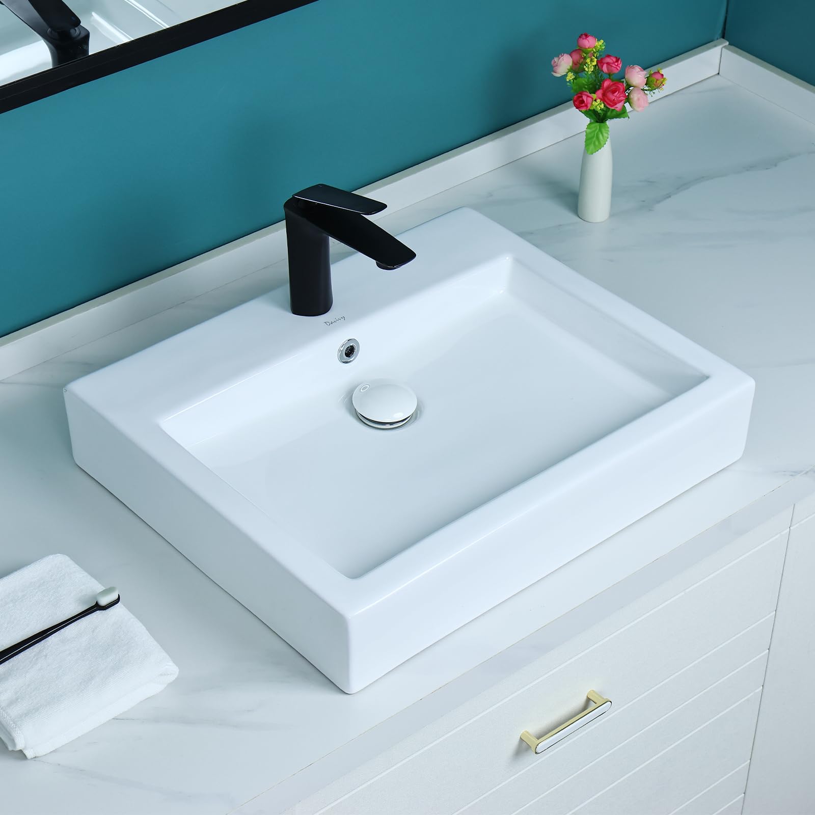 Davivy 22''X 18.1'' Rectangle Vessel Sink with Pop Up Drain,Bathroom Vessel Sinks,White Vessel Sink,Bathroom Sinks Above Counter,Ceramic Vessel Sink,Counter Top Sink,Sink Bowls for Bathroom